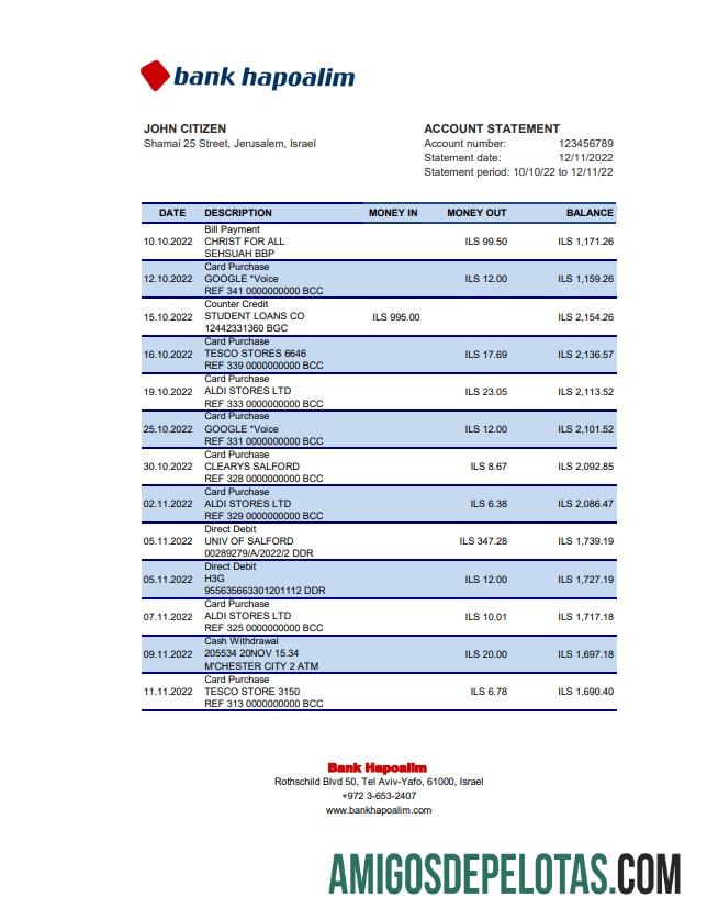 Extrato bancário Israel Hapoalim em branco Modelo Excel e PDF